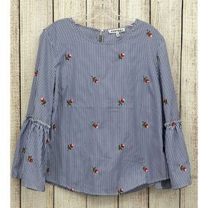 Blue Striped Embroidered Cherry Bell-Sleeve Blouse
